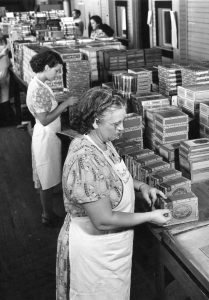 Women working at a Tampa cigar factory, placing labels onto cigar boxes.