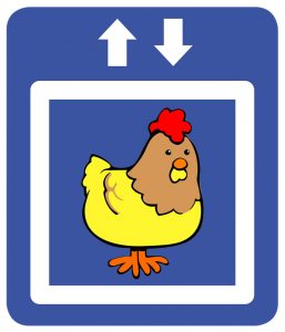 An elevator sign with a cartoon chicken in the elevator