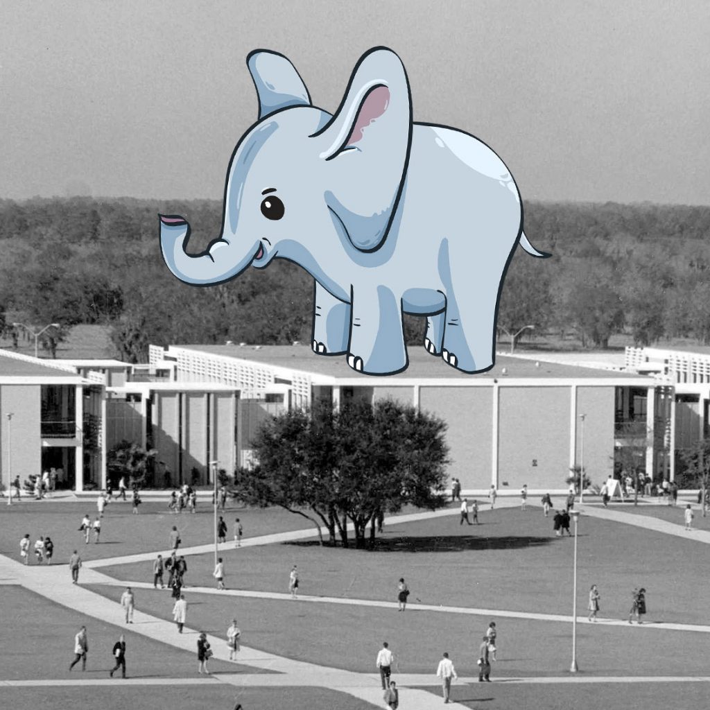 An image of one campus building as it appeared in the 1960s with a cartoon elephant placed on the roof