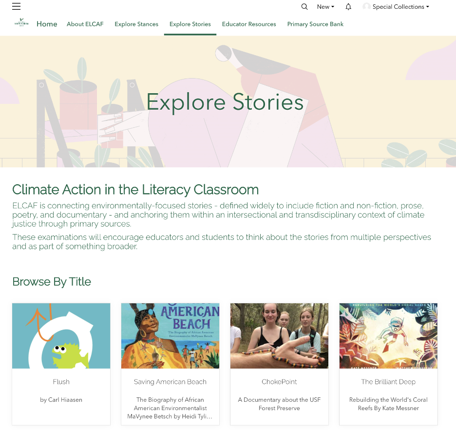 Screen capture of the Explore Stories Page on the ELCAF portal.