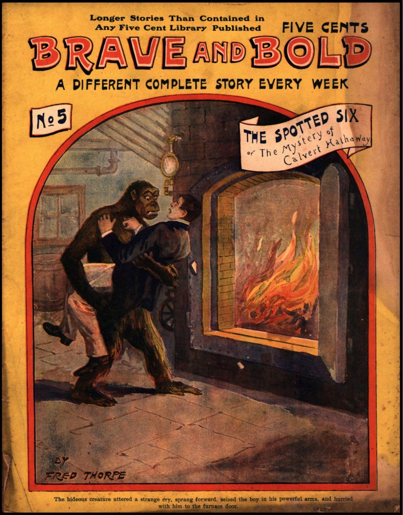 Cover of Brave and Bold showing an ape throwing a man into a fireplace.