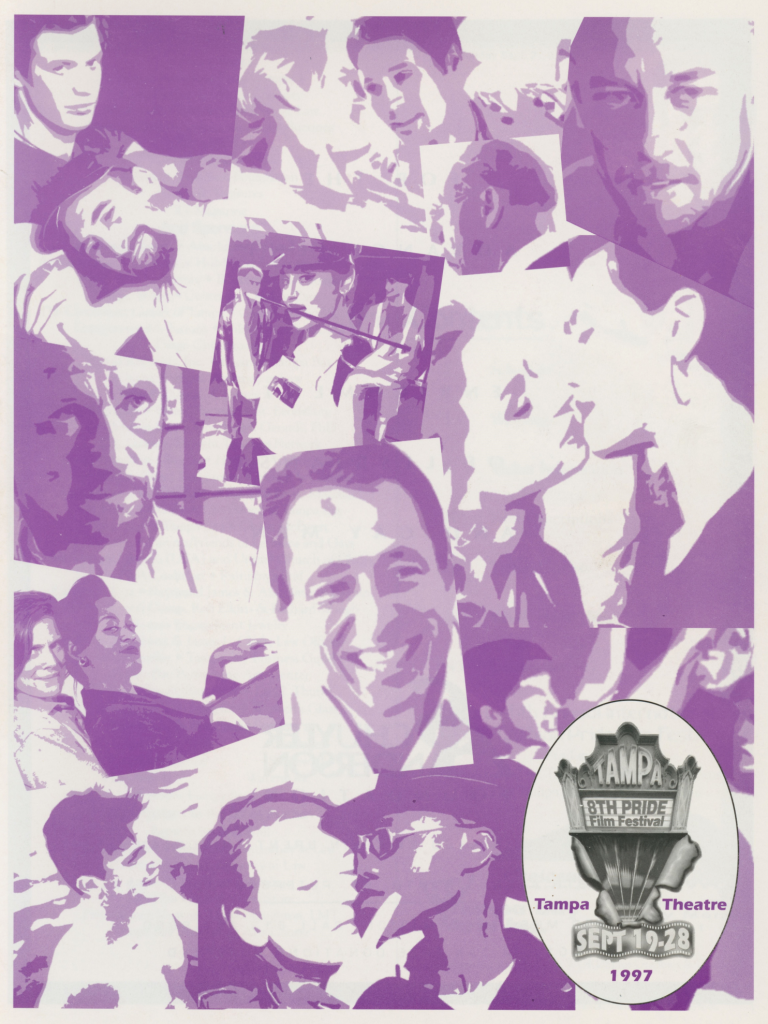 Program cover showing many faces from film stills in a purple hue.