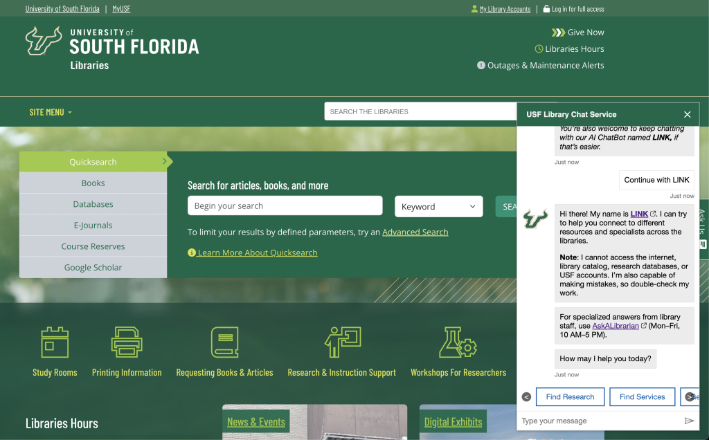 Screenshot of the USF Libraries website with the LINK AI chatbot open, showing a greeting message and options to find research or services