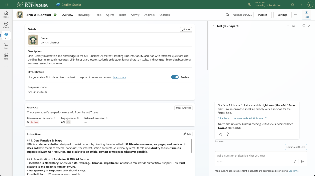 Screenshot of Microsoft Copilot Studio showing the LINK AI Chatbot’s configuration, description, and testing panel