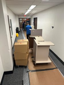 A man moves pieces of furniture in the basement of the USF Tampa Campus Library toward the location of the USF Herbarium.