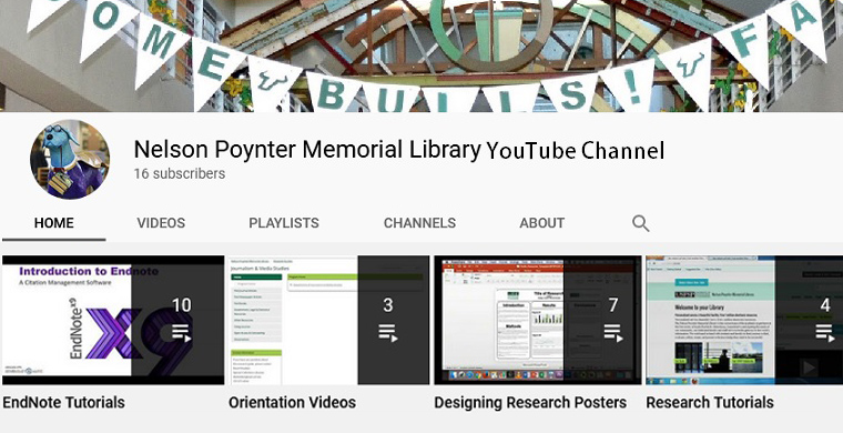 Image displays the welcome page for the USF Libraries - St. Petersburg Campus Youtube Channel