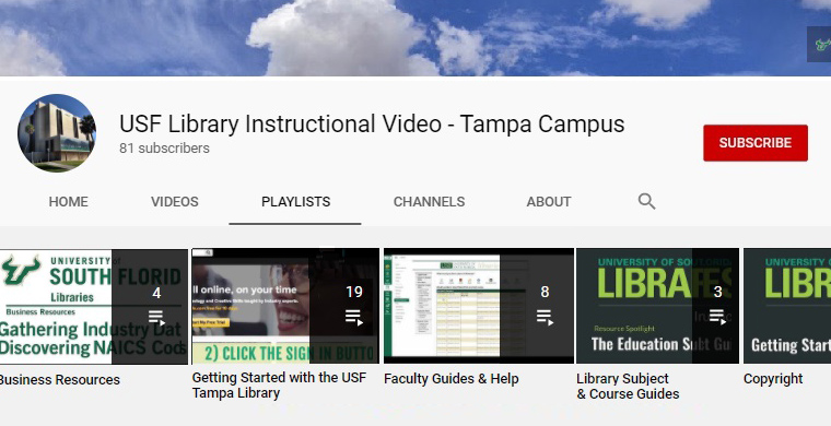 Image displays the welcome page for the USF Libraries - Tampa Campus Youtube Channel