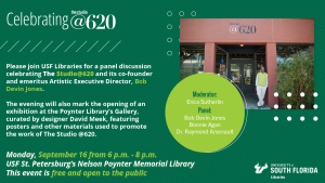 Flyer for celebration of studio at 620 digital collection event.