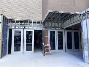 Construction in progress at the USF lIbrary front entrance