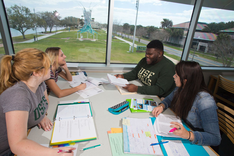 a group of USF students gathered around a table in the library of USF St. Pete campus